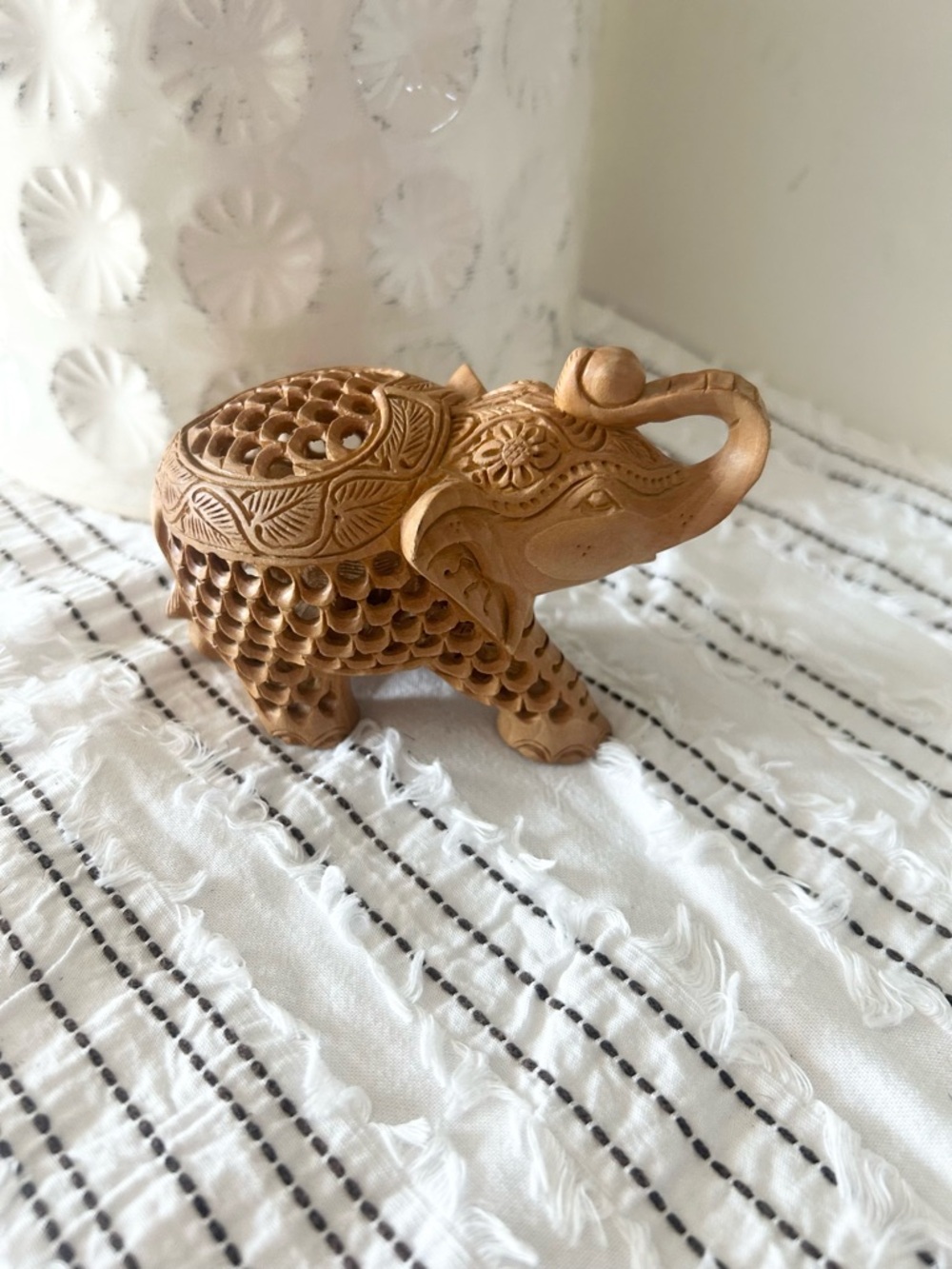 Vintage Hand Carved Wooden Elephant Jali Lattice Sculpture Baby Elephant Inside